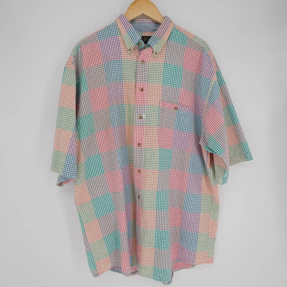 Deep River Trading Seersucker Shirt Mens XXL Pastel Plaid Button Up Cotton Prep - Picture 2 of 14
